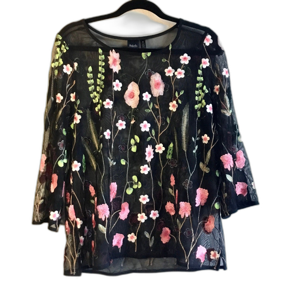 Fairycore black sheer mesh flowery top long sleeve layering fairy cottagecore M